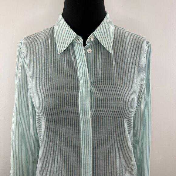 THEORY Green White Straight Shirt Organic Cotton Stripe Button-Up Long Sleeve S - Picture 4 of 11